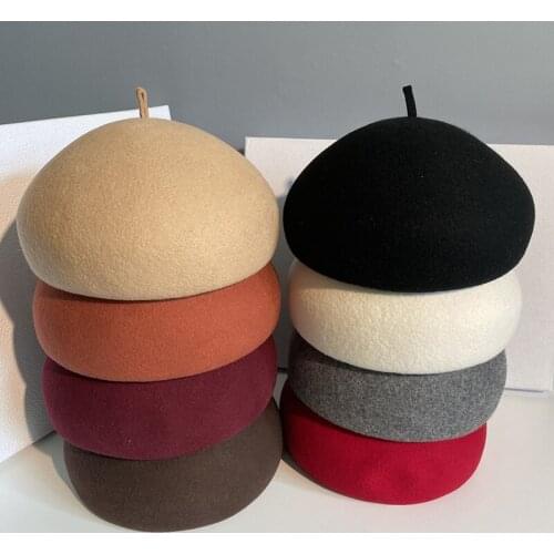 New Winter Beret Solid Warmer For Women Beanies Cap Classical French Style Beret Femme Beanies Cap Ladies Fedora 100% Felt Wool