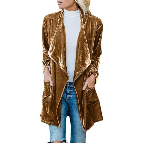 Autumn velvet trench coat for women black/yellow 2020 gabardina Casual long sleeve turn-down collar open stitch coat