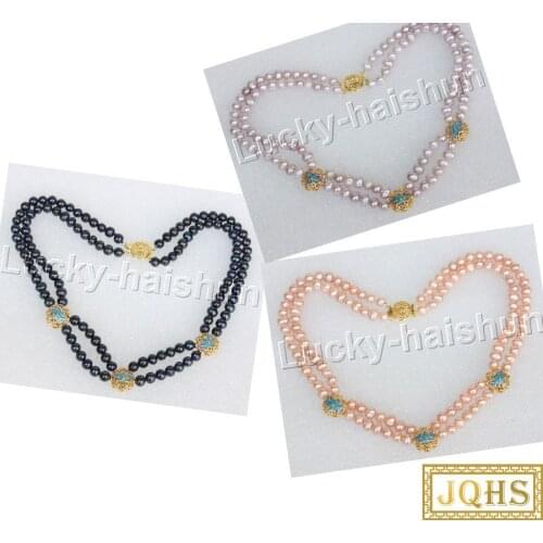 JQHS 16" 7mm 2row round pink purple Black pearls cloisonne Beaded Strand necklace j11647-4