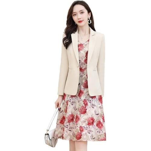Blazer Dress Set Women 2020 Spring New Womens Fashion Temperament Two-piece Female Printed Floral Vest Dress Suit Dress R367