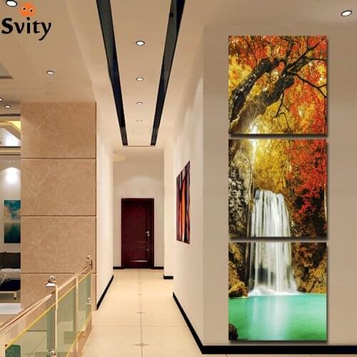 Wall sticker 3 Panel Modern Waterfull Tree Painting Picture Landscape Painting Canvas Art For Living Room No Frame