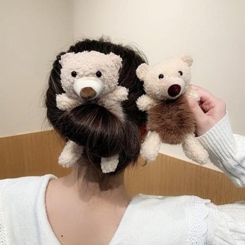 Women Girls Fluffy Faux Fur Ball Scrunchies Cute Cartoon 3D Bear Elastic Hair Rope Ties Pom Pom Ponytail Holder