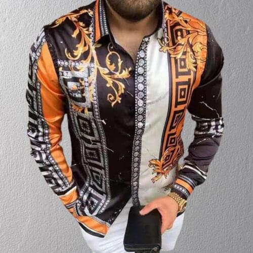 Retro Print Men Shirt Turn-down Collar Smooth Long Sleeve Buttons Slim Shirt Streetwear Autumn Shirt Male Clothing 2021 Casual