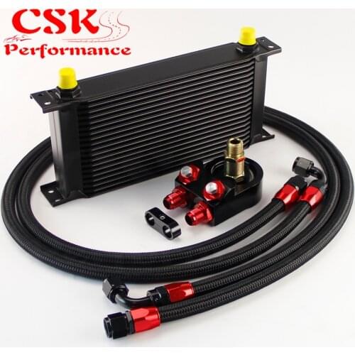 Universal 19 Row 248mm AN8 Engine Transmission Oil Cooler British Type + Aluminum Filter Adapter Kit Black/Blue