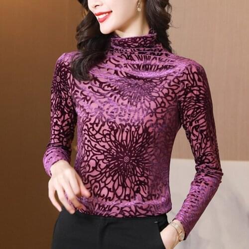 Velvet Flower Women T-shirt Turtleneck Women Tops Autumn Streetwear Purple Bottoming Vintage Long Sleeve Shirts for Women