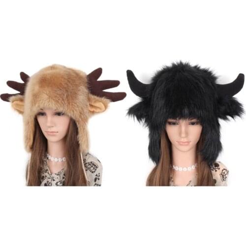 Women Men Winter Furry Plush Snow Trapper Hat Cute Ox Horns Deer Antlers Fluffy Animal Cap with Ear Flap Cosplay Earmuff