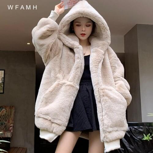 Womens Fur Jacket Famale Long Loose Faux Rabbit Fur Zip Hooded Thicken 2020 Winter New Plush Coat Excellent texture Thick fur