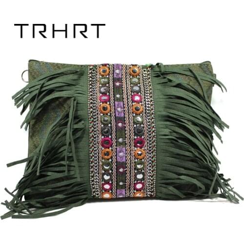 Green Retro Hippie Designer Womens Gypsy Fringe Bohemian Shoulder Bag Spirit Tassel Cross Body Purse