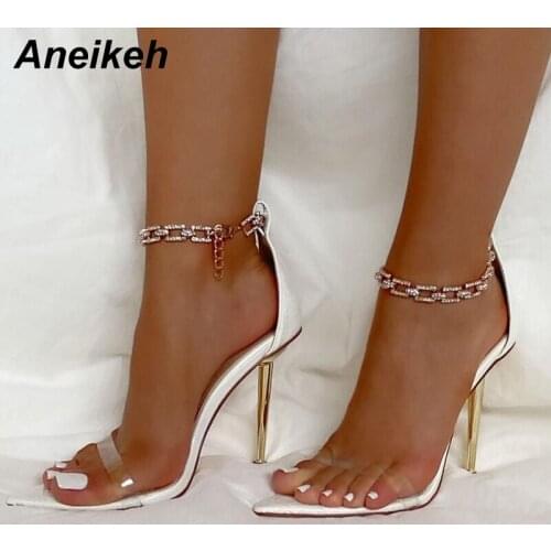 Aneikeh Sandalias Mujer 2020 Sexy Elegant PVC Metal Decoratio Crystal Bling Pointed Toe Wedding High Heels Women Shoes Summer