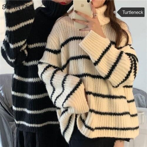 Sweaters Womens Striped Casual Loose Long Sleeve Winter All-match Turtleneck Warm Lazy Korean Style Daily College Knitted Wear
