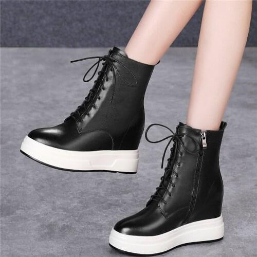 High Top Fashion Sneakers Women Lace Up Genuine Leather Wedges High Heel Ankle Boots Female Round Toe Pumps Shoes Casual Shoes