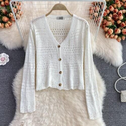 Spring And Autumn New Style Korean Loose V-Neck Hollow Out Knitted Sweater Outerwear Long Sleeve Plus Size Solid Color Jackets