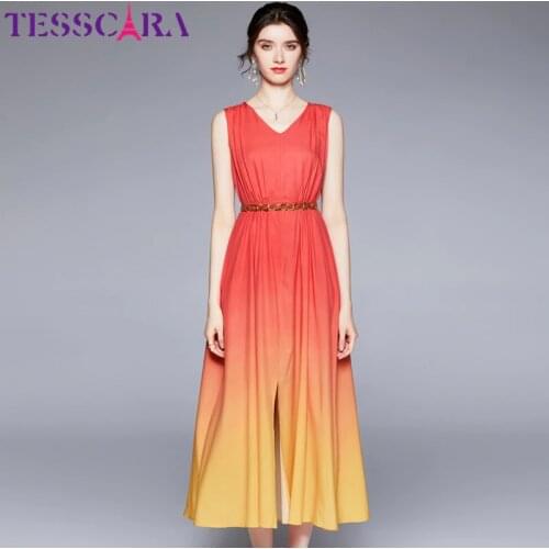 TESSCARA Women Summer Elegant Tank Dress Festa Female High Quality Long Vinatge Party Robe Femme V-Neck Designer A-Line Vestidos