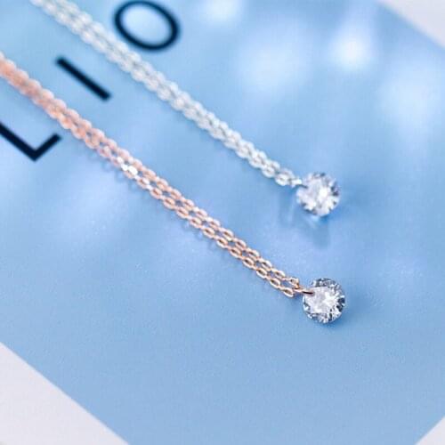 Handmade 925 Sterling Silver Pendant Necklace for Women Clear Single Crystal Zircon Simple Short Clavicle Chain Fine Jewelry