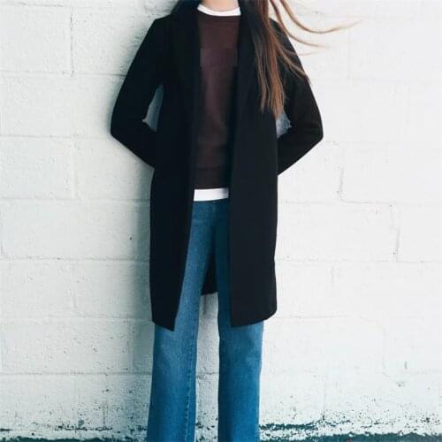 ZXQJ Women 2021 Fashion Side PocketsMid-length Coat Retro Long Sleeve No Button Lapel Collar Outerwear Chic Tops