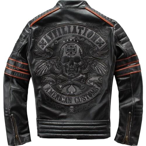 2020 New Men Vintage Black Embroidery Skulls Bikers Leather Jacket Plus Size 4XL Genuine Cowhide Slim Fit Motorcycle Coat