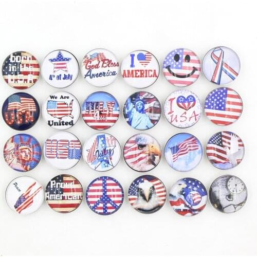 24pcs DIY Interchangeable 18mm Cabochon Glass Button July 4th Patriotic USA Flag Buttons for Snap Jewelry Necklace Bracelet