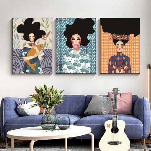 Abstract Girl Canvas Painting Vintage Flower Long Hair Figure Wall Art Picture for Living Room Posters and Prints Home Decor