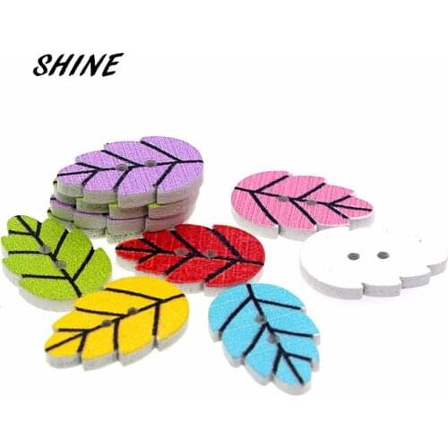 SHINE Wooden Sewing Button Scrapbooking Leaf Pattern Mixed 2 Holes 20 x 13mm 50 PCs Costura Botones Decorate