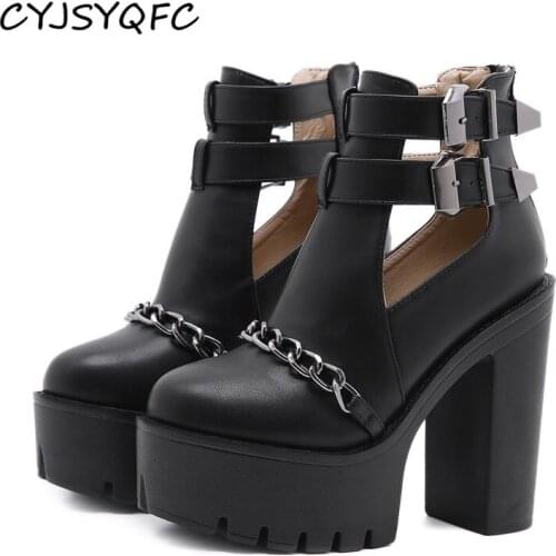 CYJSYQFC Spring Autumn Fashion Ankle Boots For Women High Heels Cut-out Buckle Thick Bottom Platform Lady Boots Punk Goth Chain