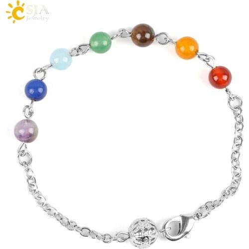 CSJA Women Reiki Prayer Stone Summer Yoga Jewelry Link Chain Bracelet 7 Chakra Healing Point Balance & Lobster Clasp Hook E117