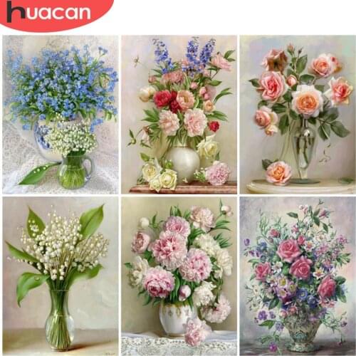 HUACAN Diamond Painting Vase Of Flowers Diamond Mosaic Peony Cross Stitch Kits Home Decoration Wall Stickers