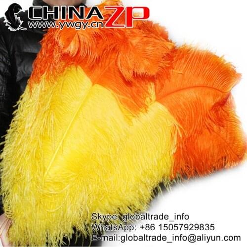 CHINAZP Factory Large Size 70-75cm (28"-30") 50pcs/lot New Arrival Dyed Yellow with Orange Tip Ostrich Feather