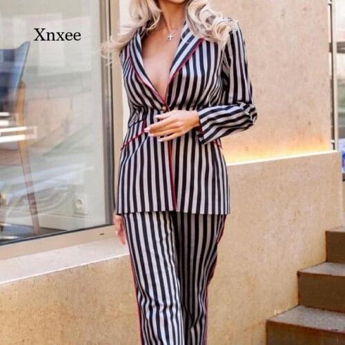 Ol Blazer Trousers 2 Piece Set Women Straight Pants Suit Fashion Striped Office Lady Outfits Formal Uniform Work Wear Clothes