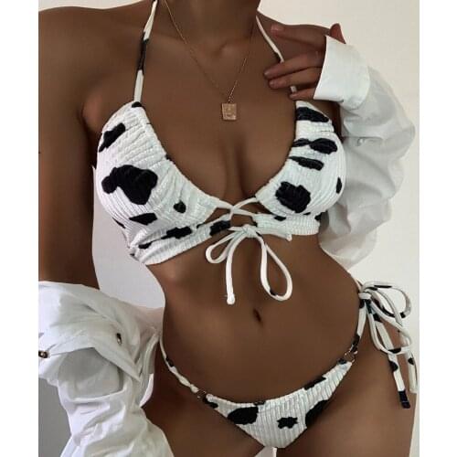 Sexy Bikini 2021 New Beachwear Cow Print Lace Sexy Backless Split Swimsuit Summer Beach Bikini Set