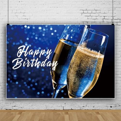 Laeacco Birthday Party Backdrop Blue Light Bokeh Champagne Glass Banner Portrait Customized Photography Background Photo Studio