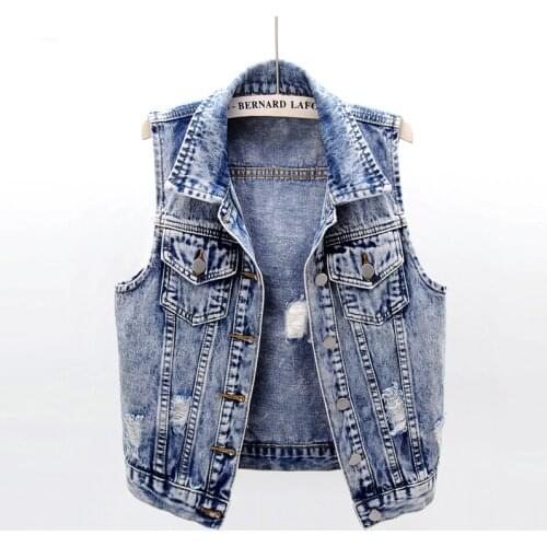 Summer Korean Hole Denim Vest Women Casual Short Sleeveless Jacket Coat Vintage Blue Big Size Slim Jeans Vests Female Waistcoat