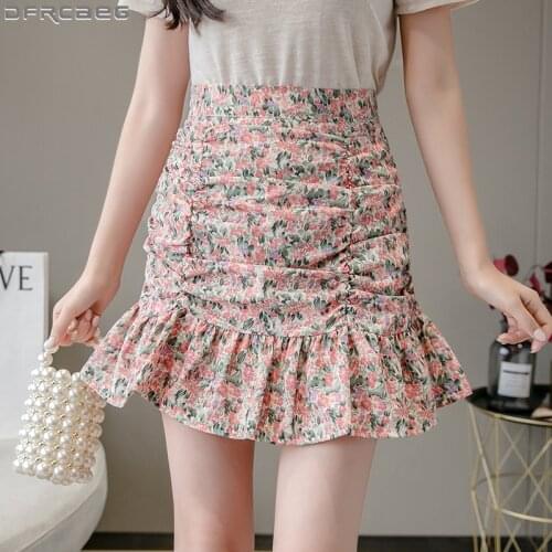 Summer Mini Skirts Womens 2020 New Korean Style Folds Elegant High Waist Mermaid Skirt Khaki Green Black White Faldas