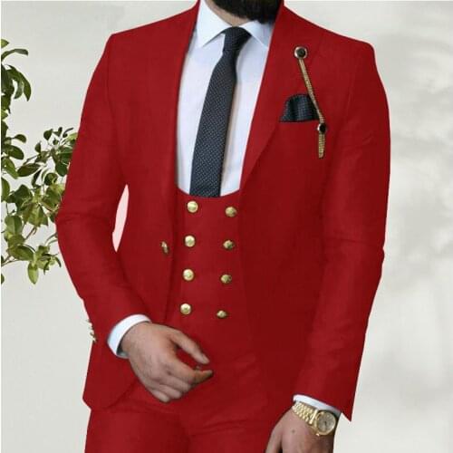 Men Suit 2021 Red Slim Fit Men Suits Latest Coat Pant Design Wedding Party Blazer Groom Tuxedos Costume Homme (Jacket+Pant+Vest)