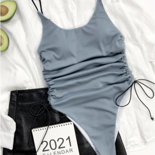 New Sexy 2021 Lace Up Ribbed High Cut One Piece Swimsuit Women Padded Solid Suitswim Lady