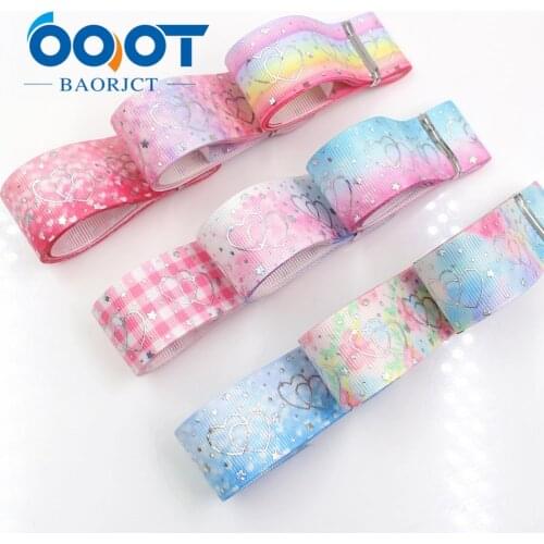 OOOT BAORJCT I-19326-787,10yards 25mm laser Silver Love shape Printed grosgrain ribbon DIY handmade headdres wedding gift wrap