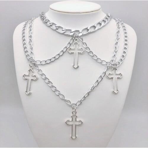 Punk Geometric Silver Color Chain Hollow Cross Pendant Necklaces For Women Trendy Statement Metal Chain Hip hop Jewelry Necklace