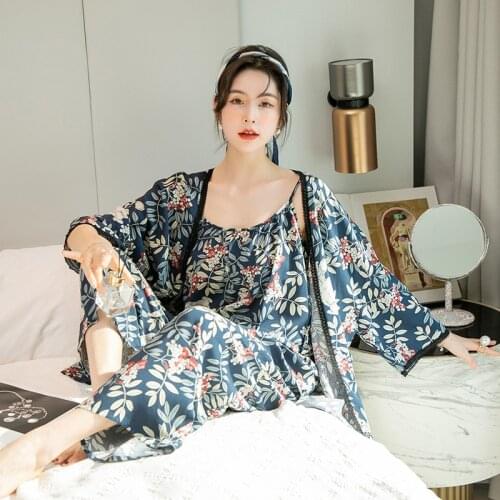 3 Piece Pajamas Set Sexy Lace Cotton Women Printing Sleepwear Pyjamas New Dressing Gown Lace Spring Summer Robe Home Clothies