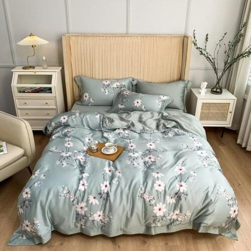 Luxury Flowers Tencel Bedding Set Satin Duvet Cover Set Bed Linen Pillowcases Home Textile King Queen Size 4PCS