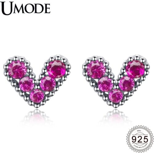 UMODE New 925 Sterling Silver Purple Red Heart Stud Earrings for Women Zircon Diamond Jewelry Gifts Brincos Bijoux ALE0617