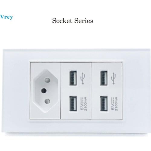 VREY Brazil Power Socket with 4USB Charging Port 5V2.1A Luxury Tempered Glass Panel