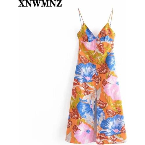 XNWMNZ Floral Dress Woman Tropical Print Strap Midi Dresses Women Summer Slip Backless Button Up Ladies Dresses Casual Vestidos