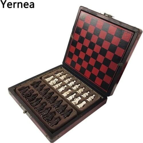 Yernea Hot Antique Chess Game Set Vintage Resin Chess Lifelike Pieces Separate Checkerboard Game Pattern Chess Box Gift