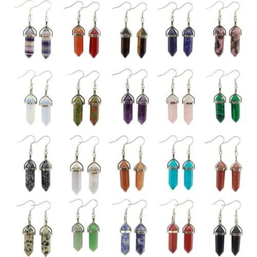 Natural Stone Drop Earrings Reiki Hexagonal Pendulum Dangle Amethysts Lapis Fluorite Pink Crystal Earring Women Piercing Jewelry