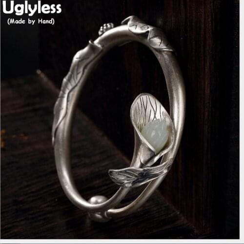 Uglyless Real Solid 990 Pure Silver Handmade Lotus Leaf Bangles for Women Ethnic Natural Jade Flower Bracelets Open Fine Jewelry