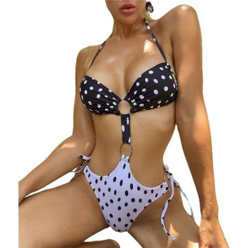 2021 Sexy Women One Piece Tie Up Monokini Polka Dots/Color Block Halter Cut Out Sexy Swimsuits Womens Swimming Suit Biquini