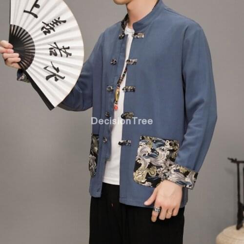2021 chinese style tops men shirts cotton blouse casual full sleeve collar vintage year clothes style streetwear zen tea shirts