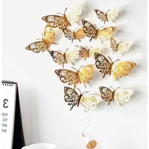 New style 12pcs/set 3D Hollow Butterfly Wall Sticker for Home Decor Butterflies stickers Room Decoration for Party Wedding Decor