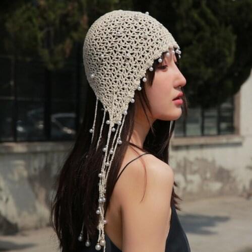 Handmade hook flower princess hat hollow retro tassel pearl sunscreen knitted hat palace hat