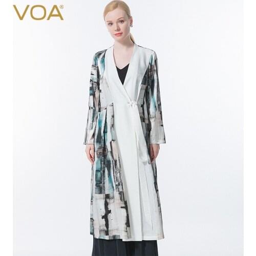 VOA Silk Printed Elastic Satin Fold Jacquard Impact Splicing Strap Loose Front Skirt Mature Women with Long Trench Coat FE138