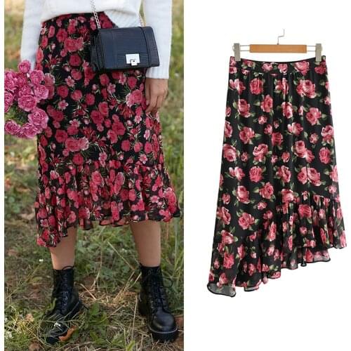 Women Skirts Za Fashion Floral Print Ruffles Chiffon Vintage Skirts Long High Waist A-Line Mujer Faldas